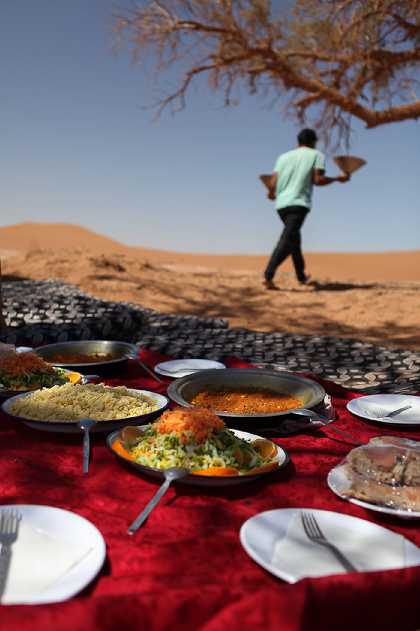 Dishes of food laid out on a red cloth under a desert tree